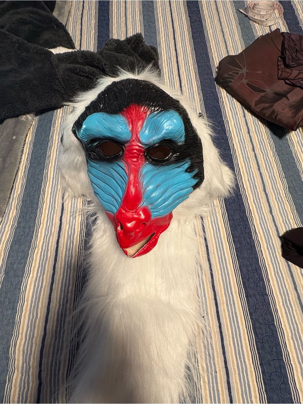 White Faux Fur Bird Mask with Blue and Red Face - Unbranded